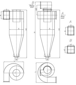 Чертеж циклон СЦН-50 с улиткой и без улитки